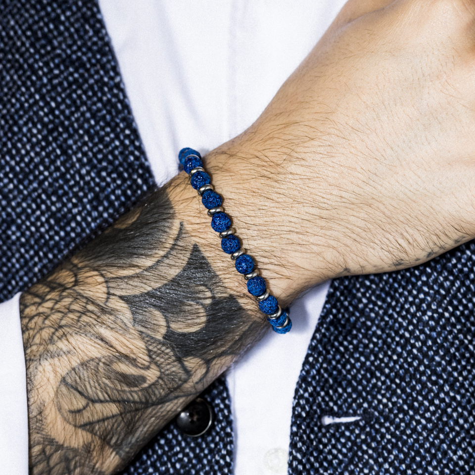 Bracelet en pierres de lave bleu et acier "Cillian"